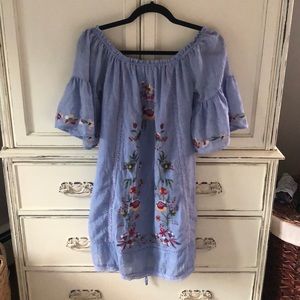 Off the shoulder, blue dress, embroidery detail